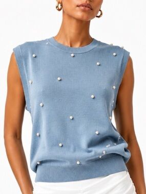KARL LAGERFELD Light Blue Pearl-Studded Tank Top Size XL